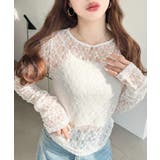 クルーネック袖ギャザー長袖ストレッチレーストップス | moment+ | 詳細画像2 