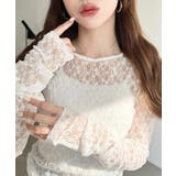 クルーネック袖ギャザー長袖ストレッチレーストップス | moment+ | 詳細画像4 