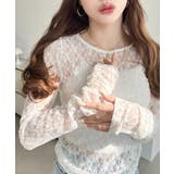 クルーネック袖ギャザー長袖ストレッチレーストップス | moment+ | 詳細画像5 