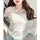 クルーネック袖ギャザー長袖ストレッチレーストップス | moment+ | 詳細画像6 