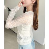 クルーネック袖ギャザー長袖ストレッチレーストップス | moment+ | 詳細画像7 