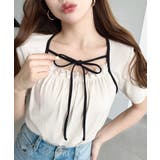 レイヤードデザインデコルテリボンリブカットソー半袖トップス | moment+ | 詳細画像3 