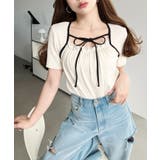 レイヤードデザインデコルテリボンリブカットソー半袖トップス | moment+ | 詳細画像6 