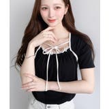 ブラック | レイヤードデザインデコルテリボンリブカットソー半袖トップス | moment+