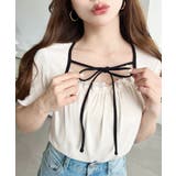 アイボリー | レイヤードデザインデコルテリボンリブカットソー半袖トップス | moment+