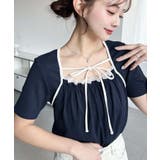 ネイビー | レイヤードデザインデコルテリボンリブカットソー半袖トップス | moment+