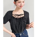 ブラック系その他 | レイヤードデザインデコルテリボンリブカットソー半袖トップス | moment+