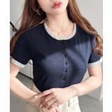 ネイビー | リブカットソーレイヤード風ヘンリー半袖Tシャツ | moment+