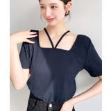 ネイビー | スクエアホルターネック半袖プルオーバー テレコリブ | moment+