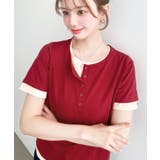 レッド | ヘンリーネックレイヤード半袖Tシャツ | moment+