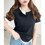 ブラック | ヘンリーネックレイヤード半袖Tシャツ | moment+