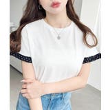 オフホワイト | 配色ドット袖口フリル半袖Tシャツ | moment+