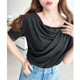ブラック | レースドッキングドレープ半袖Tシャツ | moment+