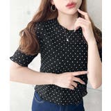 ブラック | ドット柄半袖Tシャツ スモッキングレース | moment+