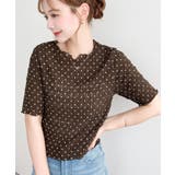 ブラウン | ドット柄半袖Tシャツ スモッキングレース | moment+