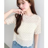 ライトベージュ | ドット柄半袖Tシャツ スモッキングレース | moment+