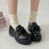 ブラック/エナメル | 軽量厚底 2段ソール ビッグ リボン ローファー 2460 | Shoes in Closet