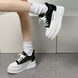 ブラック | 厚底 インヒール ラインストーン レースアップ スニーカー 375 | Shoes in Closet