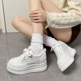 ホワイト | 厚底 インヒール ラインストーン レースアップ スニーカー 375 | Shoes in Closet