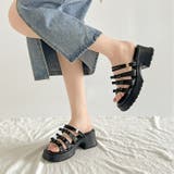 ブラック | 軽量厚底 2WAY ３連リボン ストラップ ヒール サンダル 5992 | Shoes in Closet