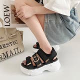 ブラック/ホワイト | 軽量厚底ボリュームソール ベルクロ バックル スポーツサンダル 7486 | Shoes in Closet