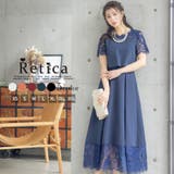 ネイビー | Aラインレースドッキングロングドレス 袖あり 半袖 | Retica