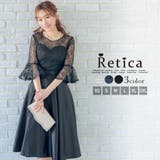 ブラック | フラワー刺繍レースベルスリーブミディアムドレス 結婚式 ワンピース | Retica