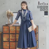 ネイビー | ウエストマークリボンAラインミモレットドレス ミモレ丈ドレス 袖あり | Retica