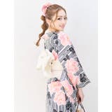 モノトーンストライプ×ピンクフラワー浴衣2点セット 浴衣 平帯[品番