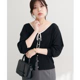 ブラック | 【natural couture】配色リボン透かし編みカーディガン | NICE CLAUP / OLIVE des OLIVE OUTLET