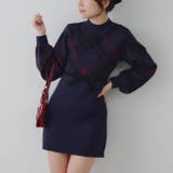 ネイビー | チェック切替ニットミニワンピース | NICE CLAUP / OLIVE des OLIVE　OUTLET