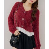 レッド | 【5色展開】裾レースラメ混フェザーカーディガン | RMAF　NICE CLAUP / OLIVE des OLIVE