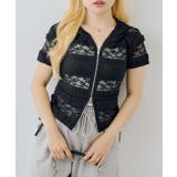 ブラック | 【レース ドット柄 ボーダー】ドロスト半袖ジップアップパーカー | RMAF NICE CLAUP / OLIVE des OLIVE