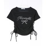 ブラック | アソートラインストーンロゴ脇ギャザーTシャツ | NICE CLAUP / OLIVE des OLIVE　OUTLET