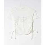 ホワイト系 | アソートラインストーンロゴ脇ギャザーTシャツ | NICE CLAUP / OLIVE des OLIVE　OUTLET