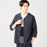 67ネイビー | ノーカラーVネック7分袖シャツ | NICOLE OUTLET