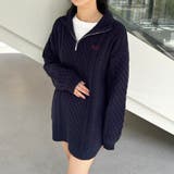 67ネイビー | ケーブル編みハーフZIPニットワンピース | NICOLE
