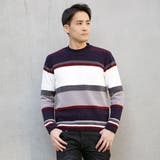 67ネイビー | 6ＧＧ モール編地切替ボーダー柄モックネックニット | NICOLE