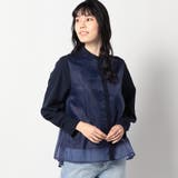 67ネイビー | オーガンジードッキング長袖ブラウス | NICOLE