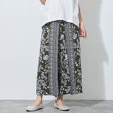 46カーキ | ウエストゴムパネル柄フラワープリント巻き風パンツ | NICOLE