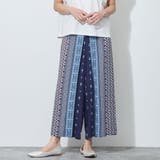 67ネイビー | パネル柄幾何学プリント巻きスカート風パンツ | NICOLE