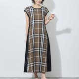 46カーキ | チェック柄異素材切替えカットワンピース | NICOLE