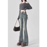 伸びる フレアデニム フレアパンツ編み上げデザイン | nijibra | 詳細画像7 