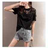 ブラック | レース切り替え半袖カットソー レディース レース切り替えカットソー | NinaetLina