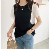 ブラック | 袖シフォン切り替え半袖カットソー トップス レディース | NinaetLina