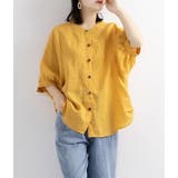 イエロー | リネン混ノーカラー半袖シャツ レディース トップス | NinaetLina