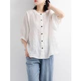 ホワイト | リネン混ノーカラー半袖シャツ レディース トップス | NinaetLina