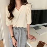 ライトベージュ | Vネック半端袖ニットソー レディース トップス | NinaetLina