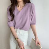 パープル | Vネック半端袖ニットソー レディース トップス | NinaetLina