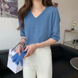 ブルー | Vネック半端袖ニットソー レディース トップス | NinaetLina